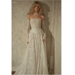 Kyoto Customized Beige Floral Lace A-line Wedding Dress Exquisite Detachable Sleeves vestidos de noiva Sweep Train Formal 2025