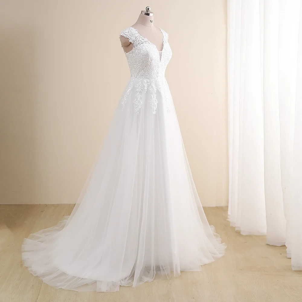 Amazing Wedding Dress Plus Size Customized V neck Cap Sleeve A Line Gowns Tulle Lace Applique Robe De Mariee Bridal Gown - Image 4