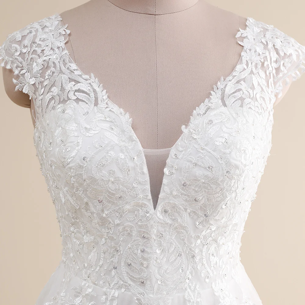 Amazing Wedding Dress Plus Size Customized V neck Cap Sleeve A Line Gowns Tulle Lace Applique Robe De Mariee Bridal Gown - Image 5