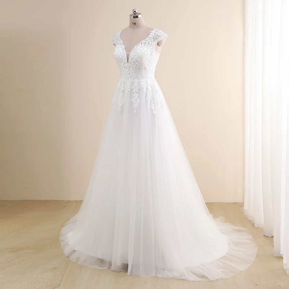 Amazing Wedding Dress Plus Size Customized V neck Cap Sleeve A Line Gowns Tulle Lace Applique Robe De Mariee Bridal Gown - Image 3