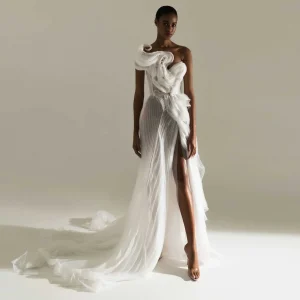 Boho Bridal Gowns with Split Ivory Sexy Wedding Dress A Line Long Off Shoulder Bridal Dresses Tulle Pleated Floor Length