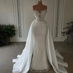 Luxurious Mermaid Wedding Dresses 2025 Bride Strapless Heavy Beaded Lace 2 In 1 Detachable Overskirts Bridal Gown Customized