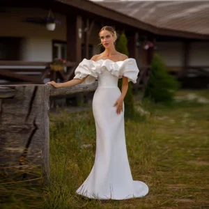 Elegant Satin Mermaid Wedding Dress Off Shoulder Ruffles Short Sleeve White Bridal Gown For Woman Modern Robe De Mariage Custom