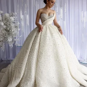 Customzied Dubai Luxury Pearls Beading Sweetheart Ball Gown Wedding Dresses Princess Sleeveless Bride Gowns Vestido De Noiva