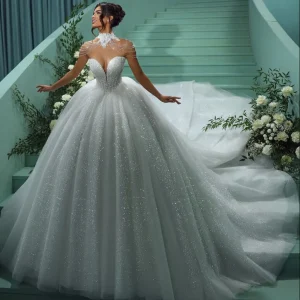 Customized Glitter Princess Wedding Dresses 2025 Beading Ball Gown Bride Dress Sweetheart Beaded Cathedral vestidos de novia