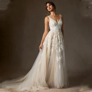 Popular V-neck Lace Applique Brial Grwon A Line Wedding Dresses Sweep Train Custom Made 2026 Vestido De Noival